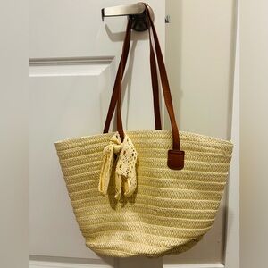 Chic Cream Straw Tote with Brown Accents